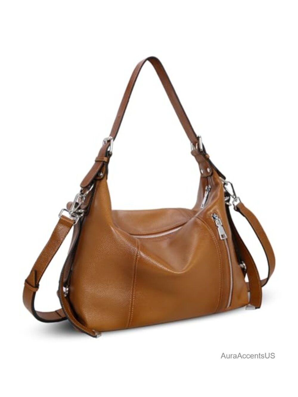 HESHE Top-Layer Cowhide Leather Hobo Shoulder Bag with Adjustable Strap